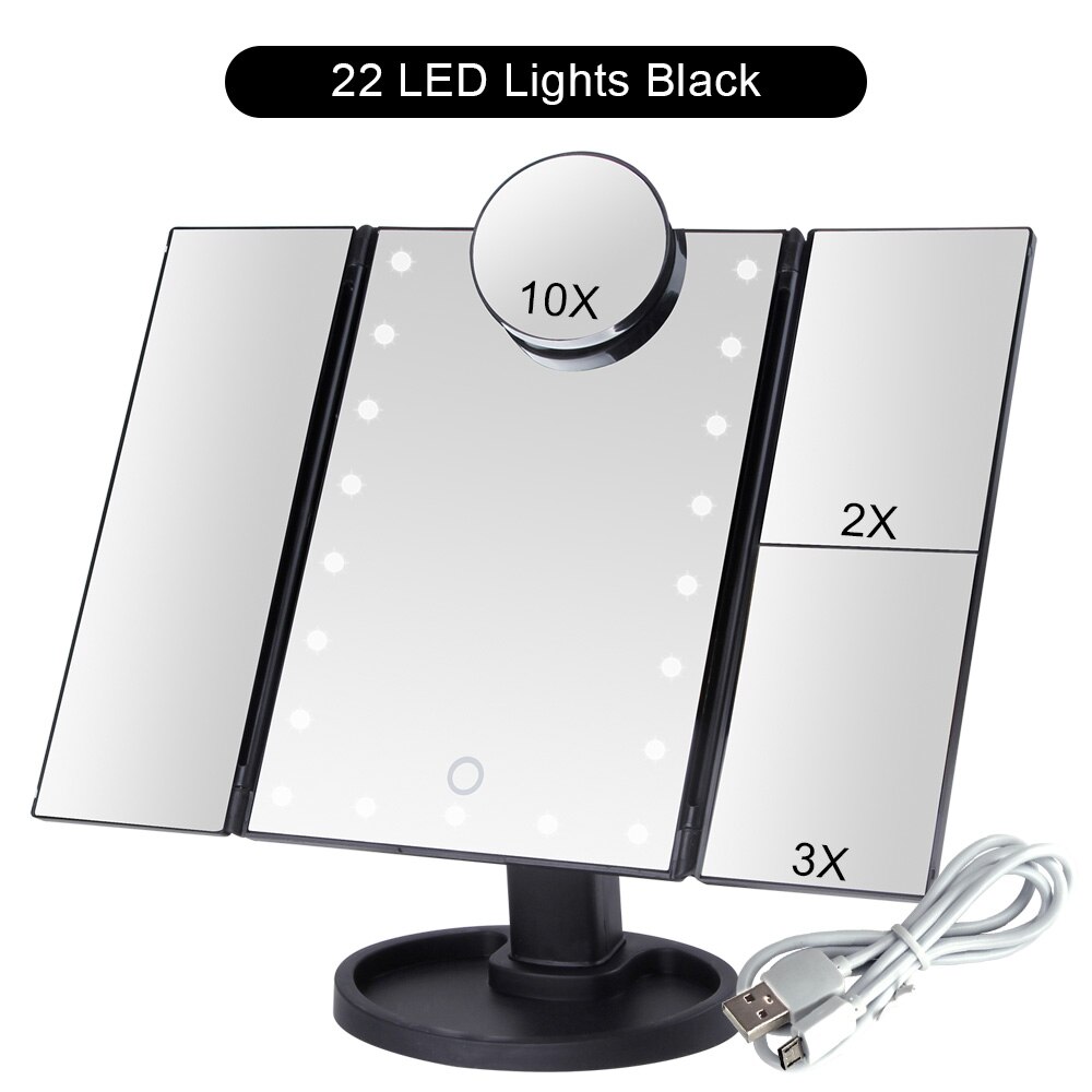 Espejo con LED y 10 aumentos para maquillaje, espejo de maquillaje táctil compacto y flexible, 22 luces LED, aumento 1X/2X/3X/10X: BK 22 Lights Set D