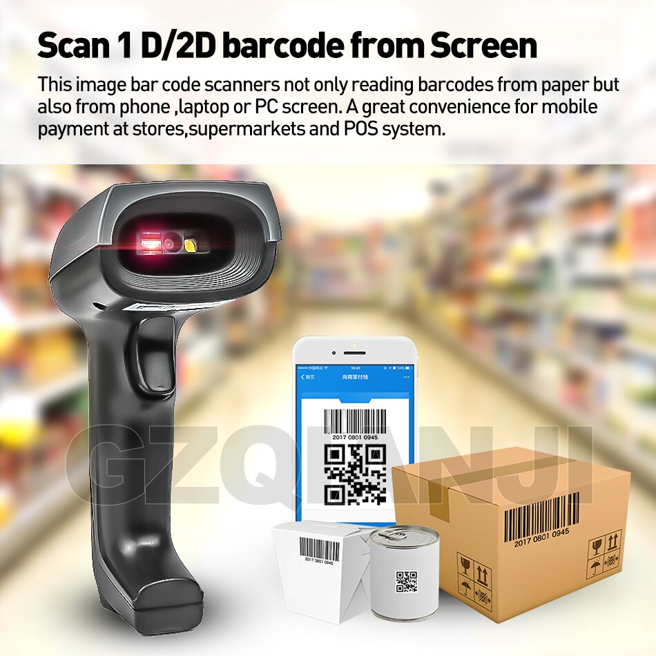 Handheld 1D 2D QR bar code reader USB 2d CMOS Wired barcode scanner Portable PDF417 Code128 Scanner 360 degree for supermarket