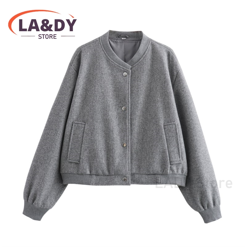 Giacca cappotto 2024 autunno donna moda sciolto monopetto colletto alla coreana femminile tinta unita Casual manica lunga tasche capispalla: M / Grigio