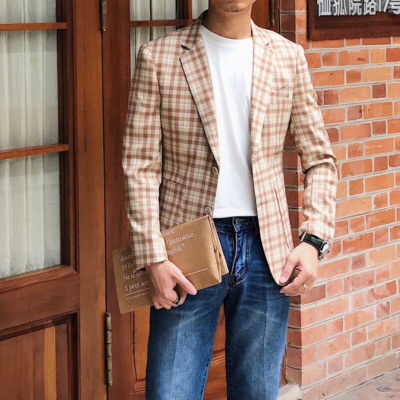 Vår khaki herr kavaj rutig kavaj homme slim fit affärsväst homme kostym herr kontor rutig jacka vestidos de novia: Kaki / L