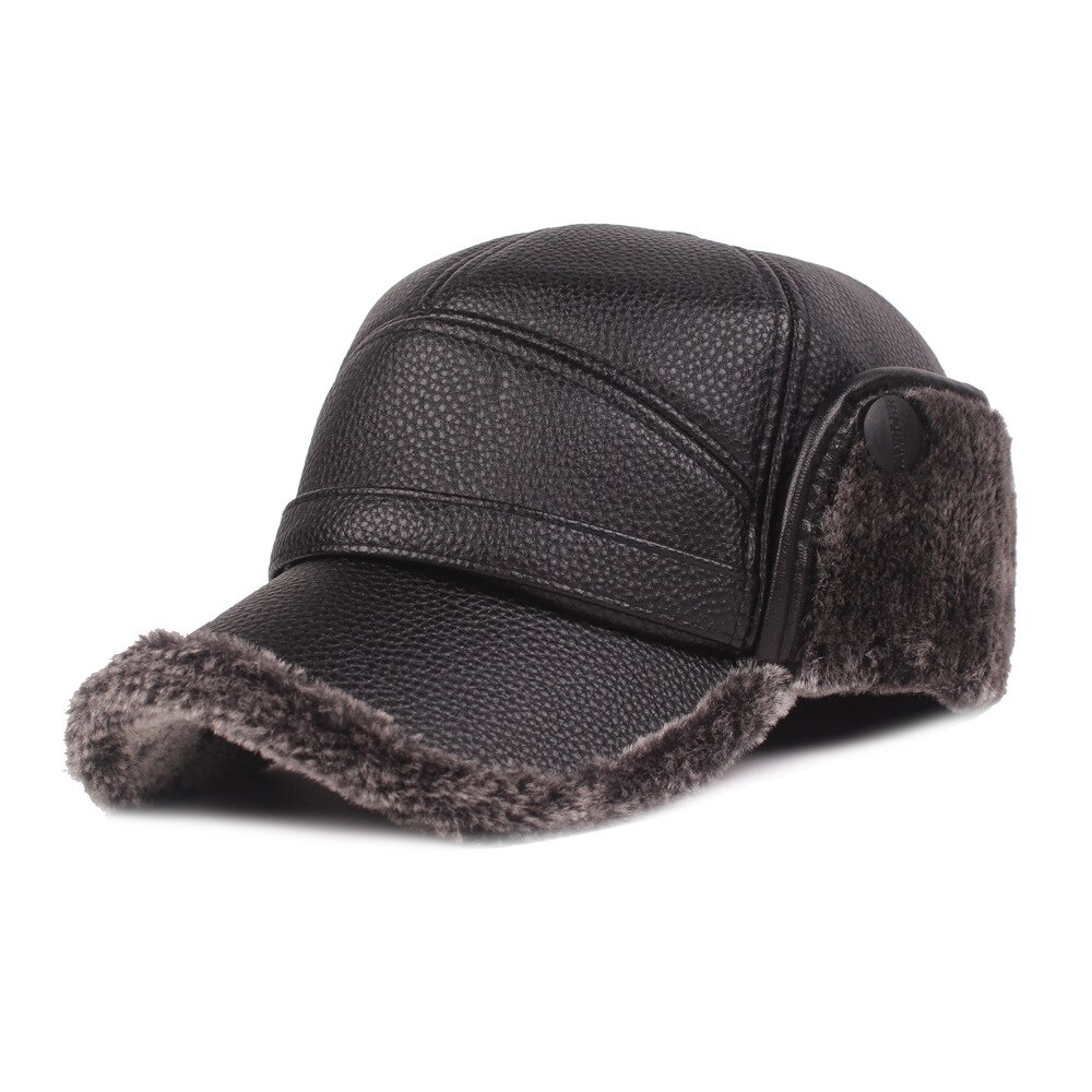 Winter Warm Mens Leather Cap Warm Baseball Cap with Ear Flaps Thick Fur Caps for Winter Bomber Hats PU Leather Man Hat: grey