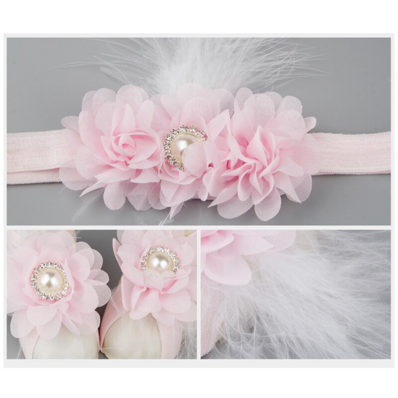 Baby Meisjes Bloem Sandaal Hoofdband Elastische Haarband & Peuter Barefoot Sandalen 1 Paar Baby Photo Prop Set