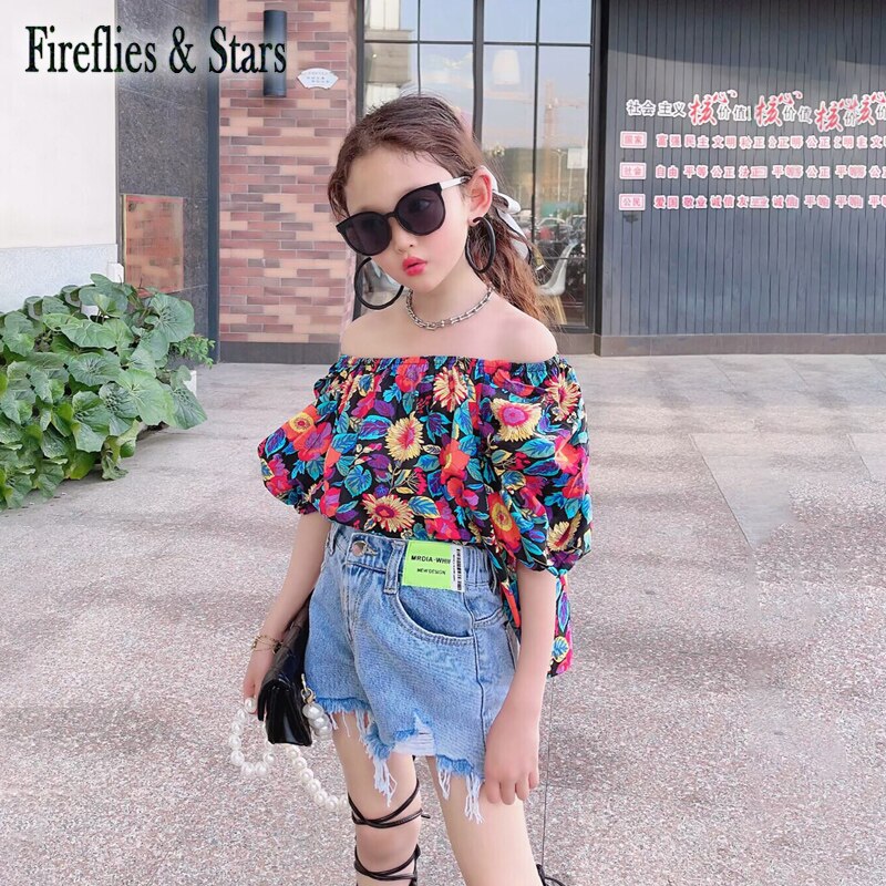 Blusa de verano para niñas, Camisa larga para bebés, vestido para niños, ropa con estampado Floral para el sol, sin hombros, manga abombada de 1 a 7 años