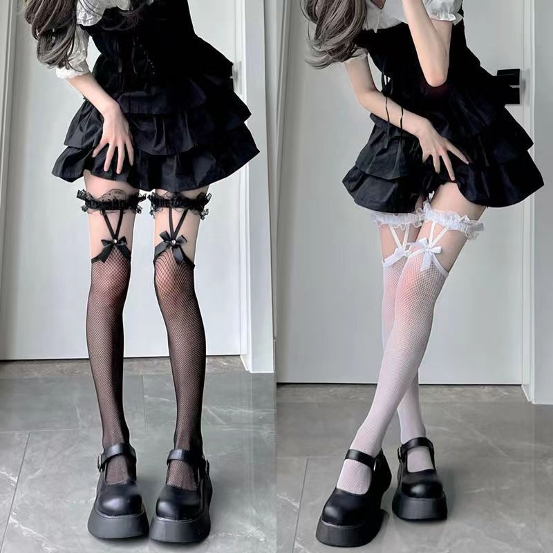 Damensocken Frühling Sommer Lolita Socke Lange Röhrensocke Dünne JK Mädchen Lolita Socken Netzstrümpfe Spitze Hosenträger Socken