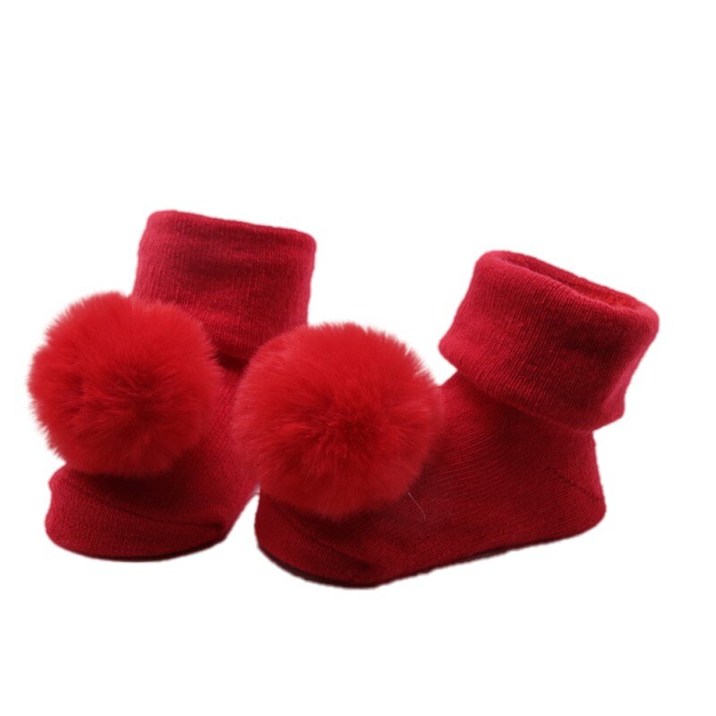 Nyfødte piger hårbold solide sokker bærer 0-18m spædbarn blød bomulds-anti-slip baby gulvsokker m: Rød