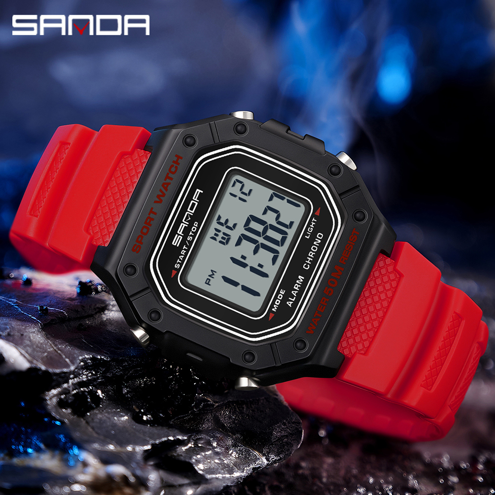 SANDA 2156 Herrenuhr, neues Modell, elektronisches digitales Uhrwerk, rechteckiges LED-Anzeige, Zifferblatt, draussen-Sport, wasserdichte männliche Armbanduhr