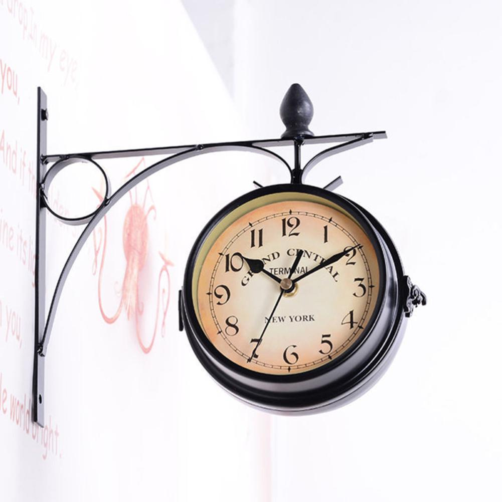 HiMISS Double Sided Hanging Clock Wrought Iron Station Clock Garden Retro Bracket Mounted Outdoor Indoor Home Garden Wall Clock