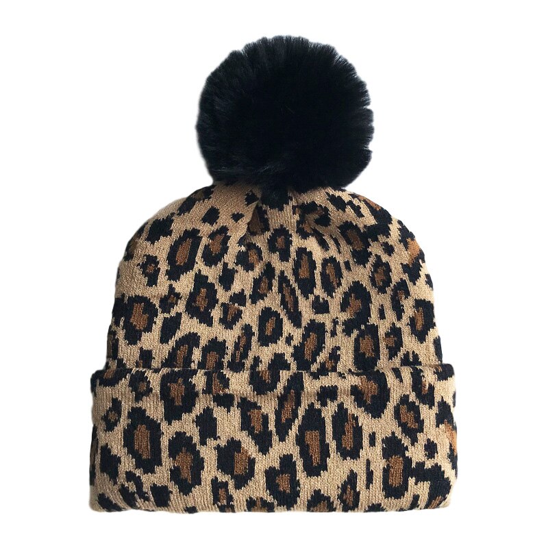 Leopard baby vintermössa för flickor pompong stickad mamma barn mössa för pojkar mössor elastisk varm beanie mössa: Kaki / L (vuxen)