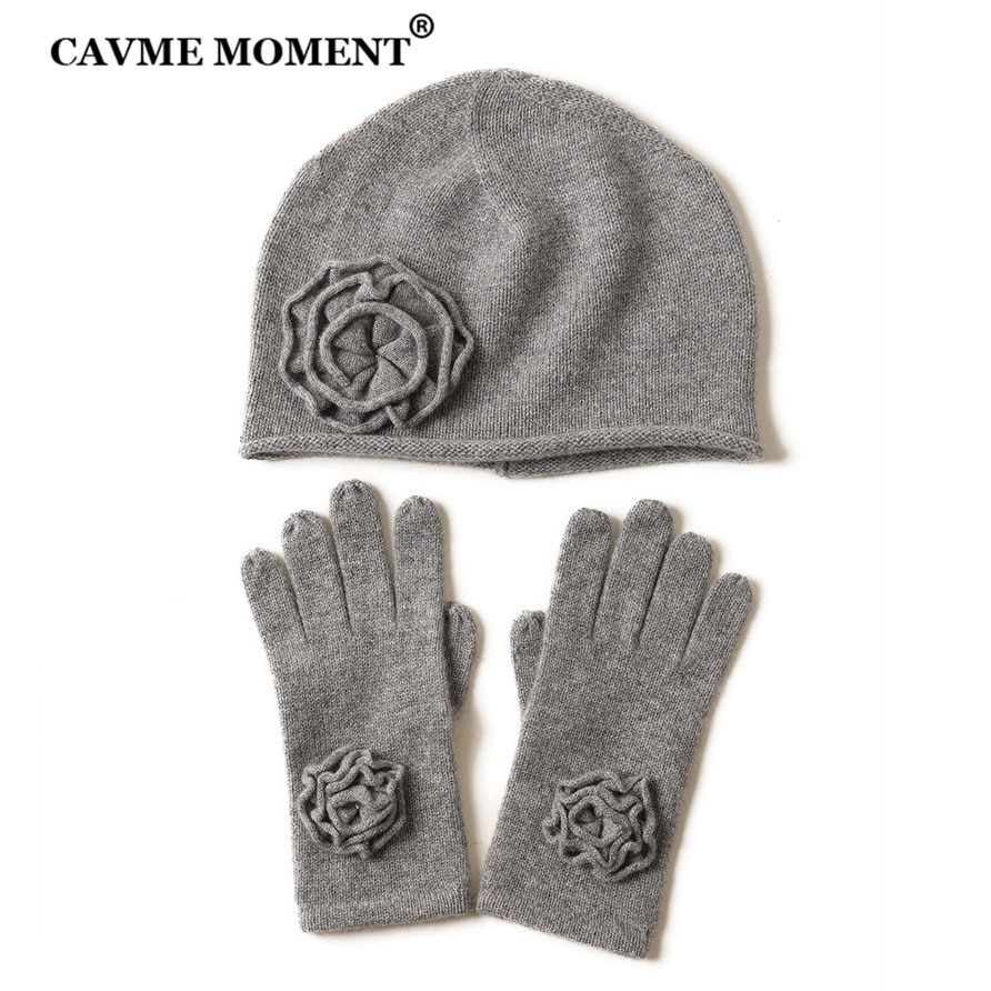 CAVME Gebreide Cashmere Muts Handschoenen voor Vrouwen Winter Dames Hoeden met Bloem Effen Kleur Breien Handschoen
