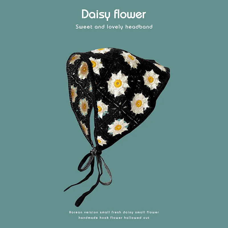 Lenço triangular feito à mão crochê malha bandana para mulheres retro bonito e doce pequena margarida cinta com bandana: Preto
