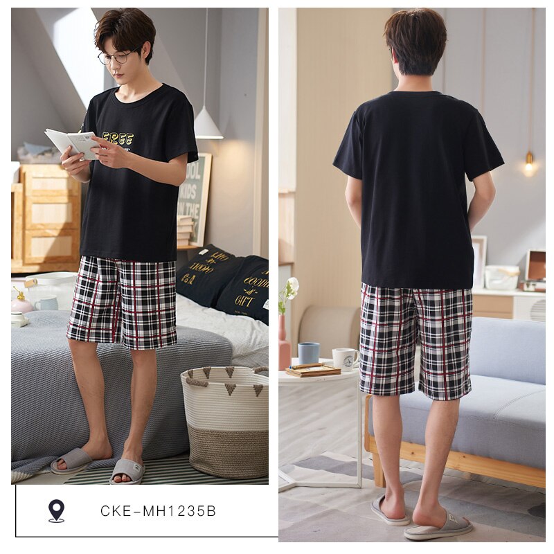 Men's Sleepwear 100% Cotton Pijama Hombre Summer Short Sleeve T-Shirts Plaid Shorts With Pockts Pajamas For Men Pyjama PJS