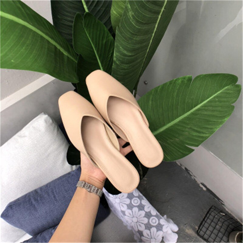 2022 Women Square Toe Slippers Low Heel Outdoor Ladies Flat Slides Luxury Brand Mules Shoes WomenSlippers Women Shoes