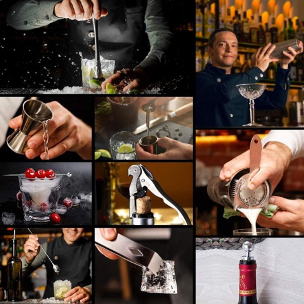 Bars Mixed Drinks Mocktail Tools Bartender Tools Jigger Mixing Spoon Tong Stainless Steel Cocktail Shaker Set Wood Storage Stand