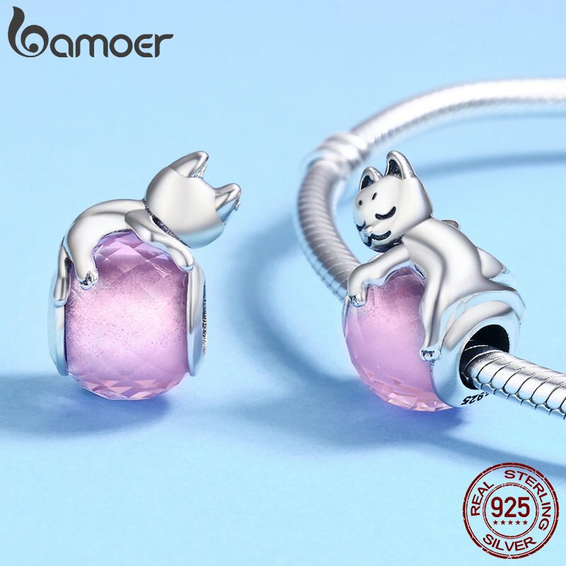 BAMOER Authentic 100% 925 Sterling Silver Cute Cat Pussy Big Stone Charm Beads fit Women Bracelet DIY Beads Jewelry SCC447