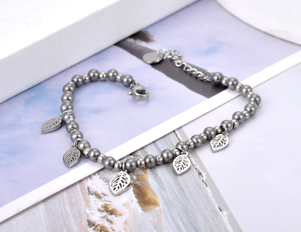 Lokaer titanium roestvrij staal bohemian strand parel kralen armbanden voor vrouwen trendy 5 stuks bladeren bedel armband sieraden  b20115