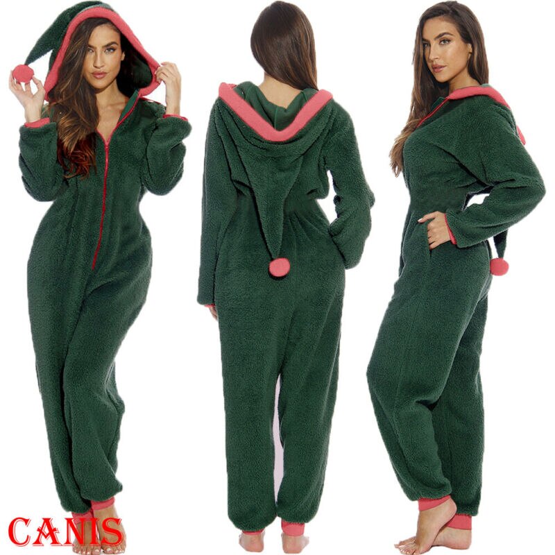 Christmas Women's Fluffy Warmth Hoodie Romper Long Sleeve Jumpsuit Sleepwear Cute Xmas Womens Jumpsuit Nightwear Homewear