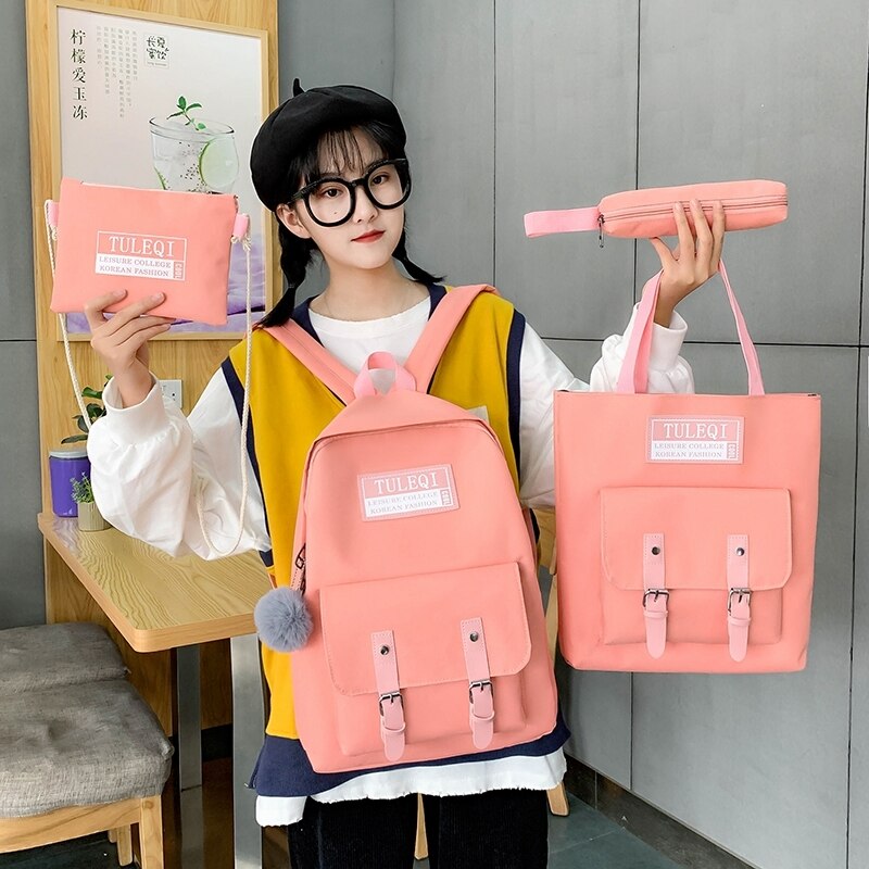 4 pcs sets Casual Backpacks Cute Canvas School Bags For Teenage Girls Women Backpack Anti-theft Laptop Shoulder Bags Mochilas