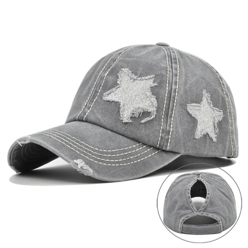Vrouwen Gewassen Baseball Cap Glitter Ster Borduurwerk Verontruste Paardenstaart Gat Hoed