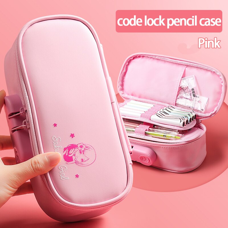 Zanken-estuche de lápices con contraseña para mujer, estuche de gran capacidad con dibujos animados, multifuncional para estudiantes, creatividad: Pink