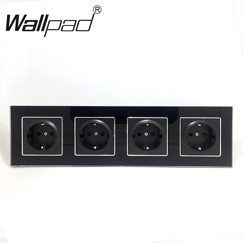 Cuádruple Enchufe europeo caja redonda montaje CE Wallpad cristal negro de lujo 4 Marco 16A EU enchufe eléctrico estándar con garras