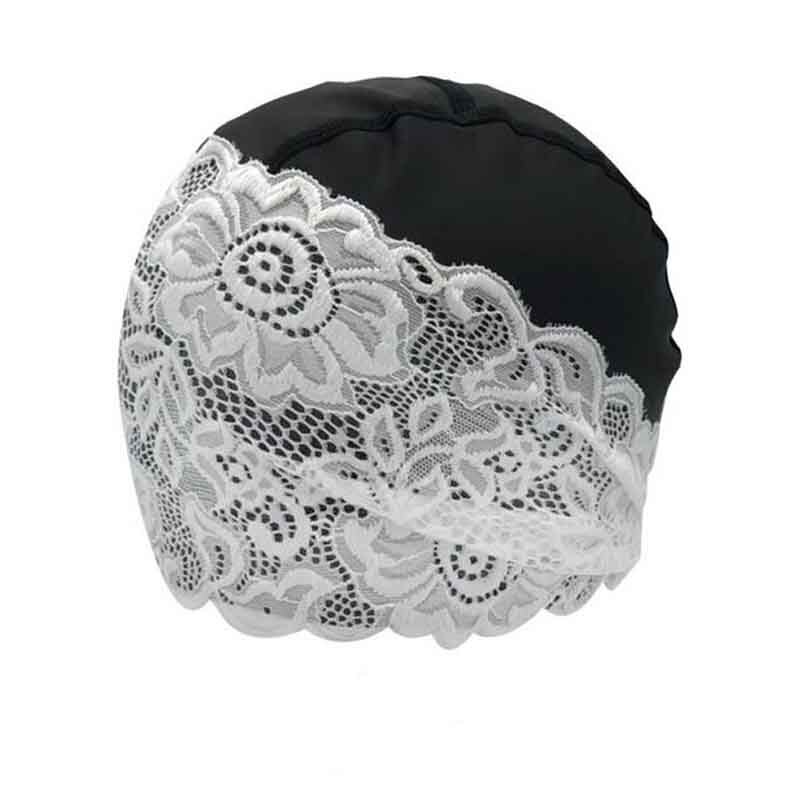 Czepek damski PU wodoodporny koronkowy kwiat sportowy surfing czepek na basen elastyczne czepki kąpielowe robić noszenia jako długie lub krótkie włosy: czarny