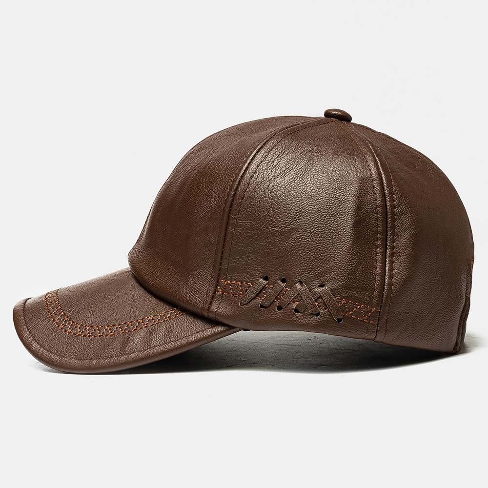 Justerbar forår vinter pu læder baseball caps til mænd solid pu læder herre kasket udendørs snapback hat sort brun vævet indretning