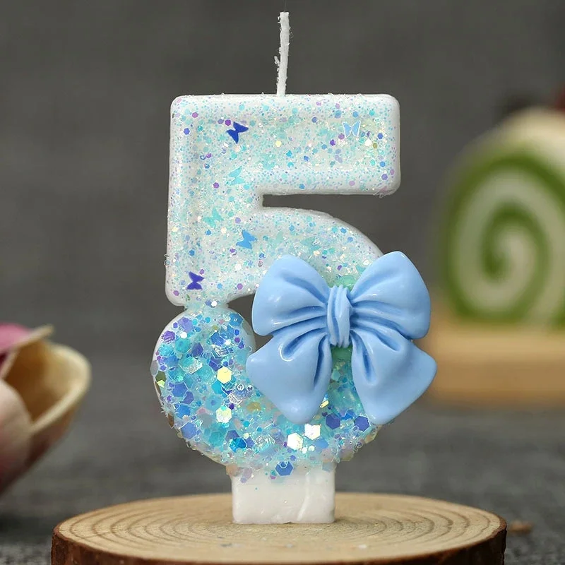 Verjaardagskaars met cijfer 0 1 2 3 4 5 6 7 8 9 blauwe strik taartkaars decoratie feesttaart topper decoratie jubileum decoratie