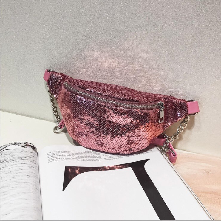 Kvinner bag glitter paljett fanny pack lær veske belte midje rumpe bag reise sport lomme veske: Rosa