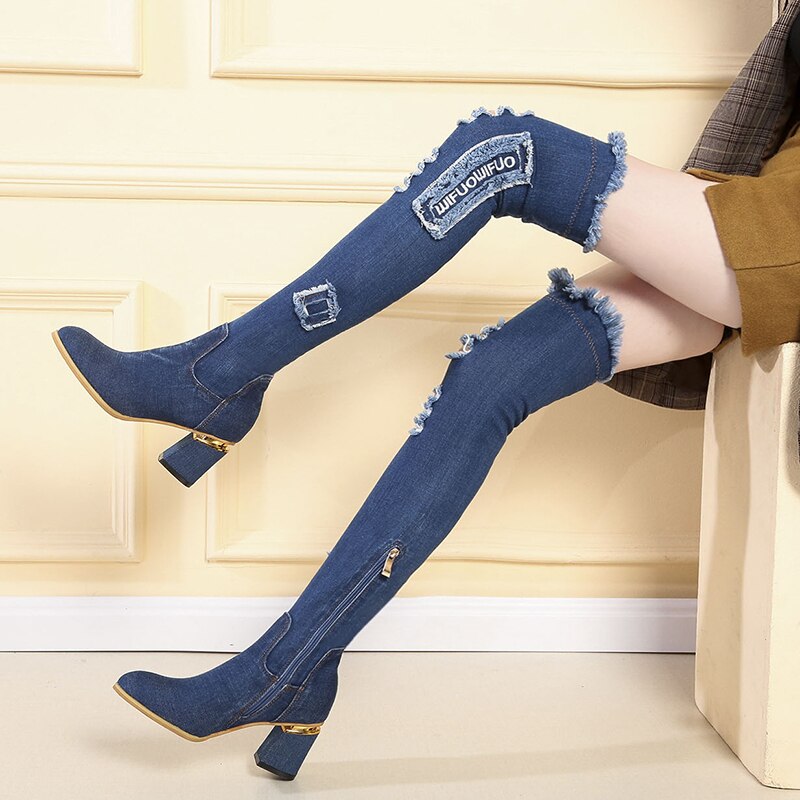 Lucyever Womens Denim Laarzen Over De Knie Wees Teen Dikke Hoge Hakken Schoenen Vrouw Casual Kwastje Uitgesneden Jeans Lange botas Mujer