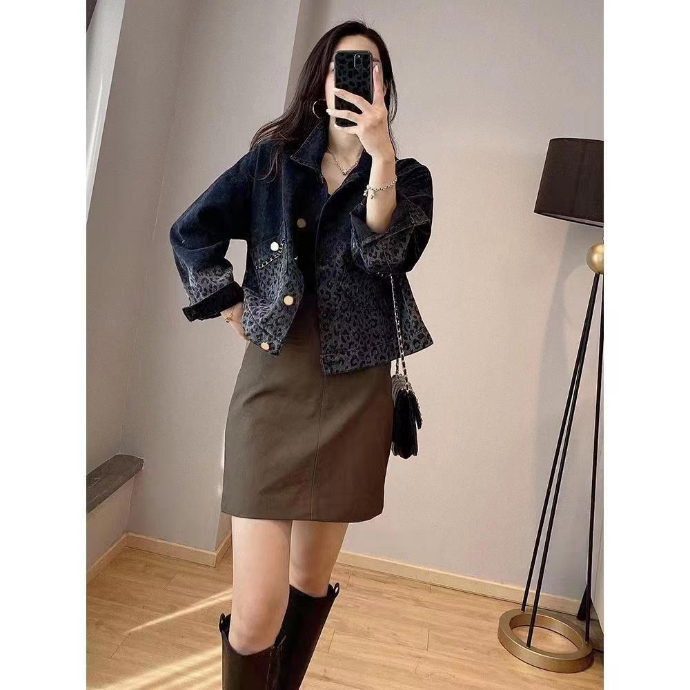 Autunno inverno Streetwear Vintage Leopard Print Denim Coat Ladies Harajuku Y2K Casual Fashion All-match Jacket donna Outwear Top: XXXL / Black