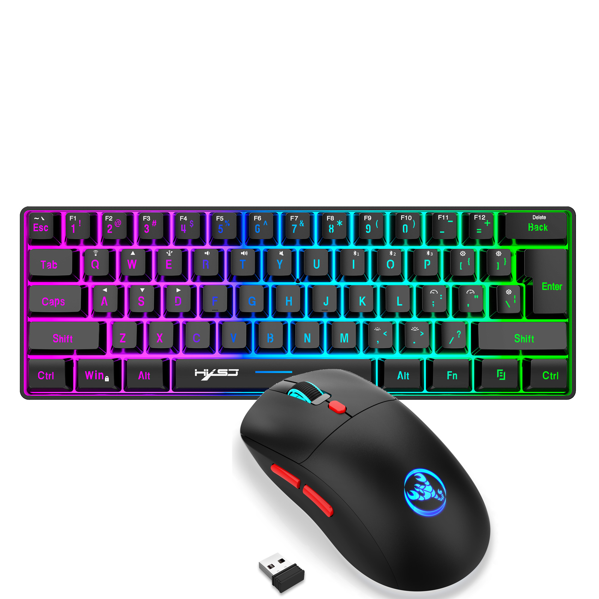 60% Bezprzewodowa klawiatura i mysz do gier, podświetlana RGB, cicha, ergonomiczna klawiatura mechaniczna, mysz do gier na komputer stacjonarny: Black