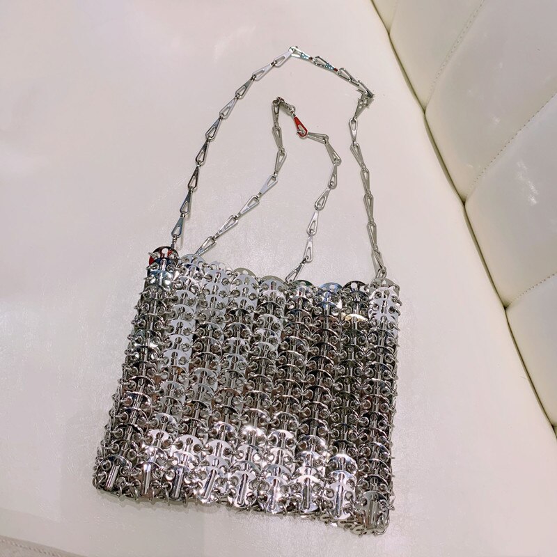 Frauen Taschen Silber Metall Pailletten Kette gewebte Tasche Hohl Abend Taschen Kupplung Weibliche Reise Schulter Tasche Handtasche