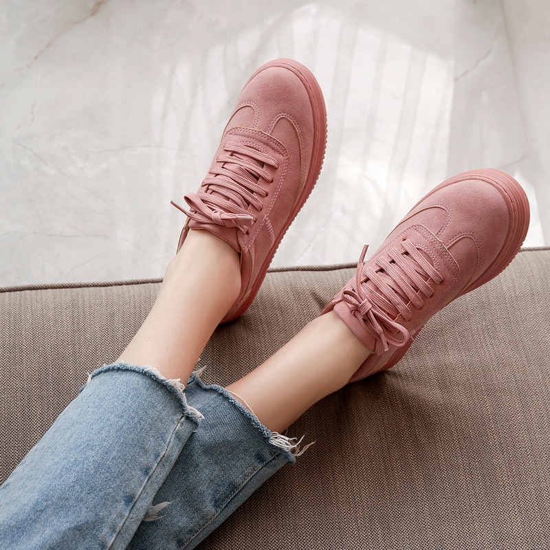 Vår/høst skinn dame joggesko rosa sko til kvinner snøre hvite sko slyngplanter platåsko