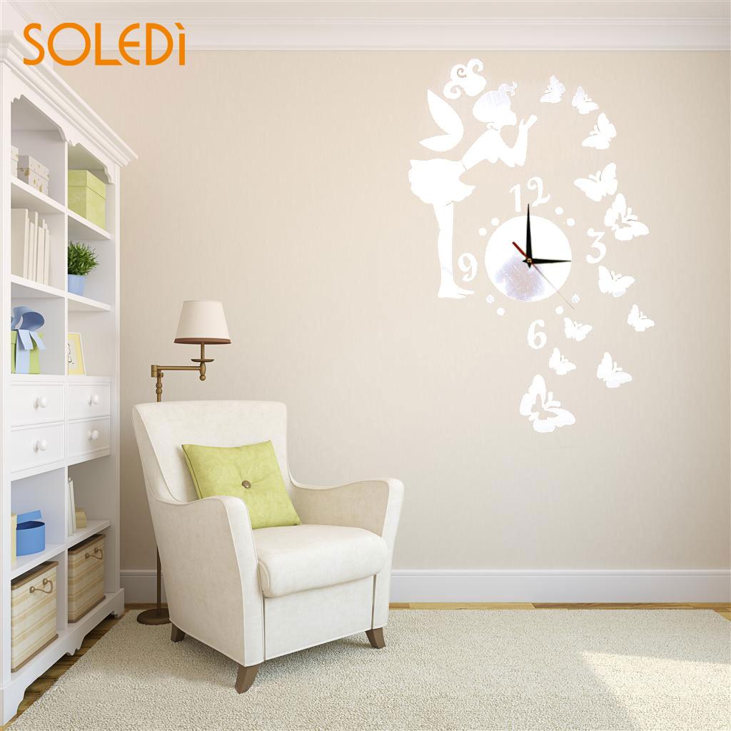 Klok 29Pcs 3D Angel Diy Mirror Effect Muursticker Achtergrond Decor Verwijderbare Spiegel Effect Wandklok Sticker Voor Kids kamer