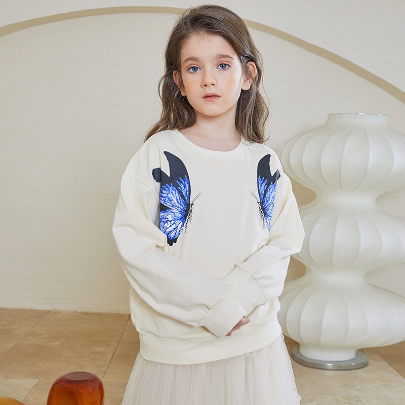 YourSeason Spring Cute Sweatshirt Teen Girls Cotton Cartoon Butterfly Print O-neck Shirts Autumn Teenage School Clothes