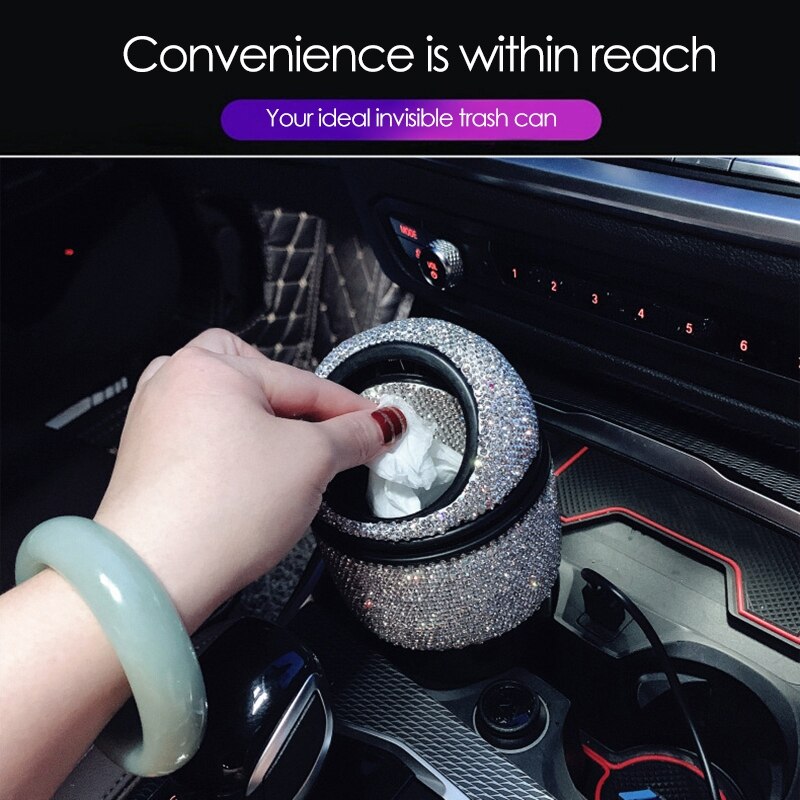 Car Trash Can, Bling Rhinestone Crystal Waterproof Hanging Garbage Bag Car Interior Oxford Leakproof Foldable Waste Organizer Trash Bin Universal Vehi - View #2