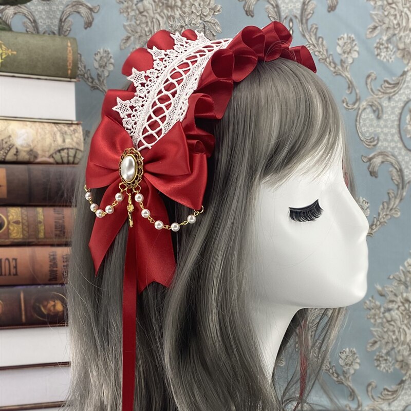Serre-tête Lolita en dentelle pour femme de chambre, serre-tête en forme de fleur, accessoire pour cheveux, fait à la main: Bourgogne