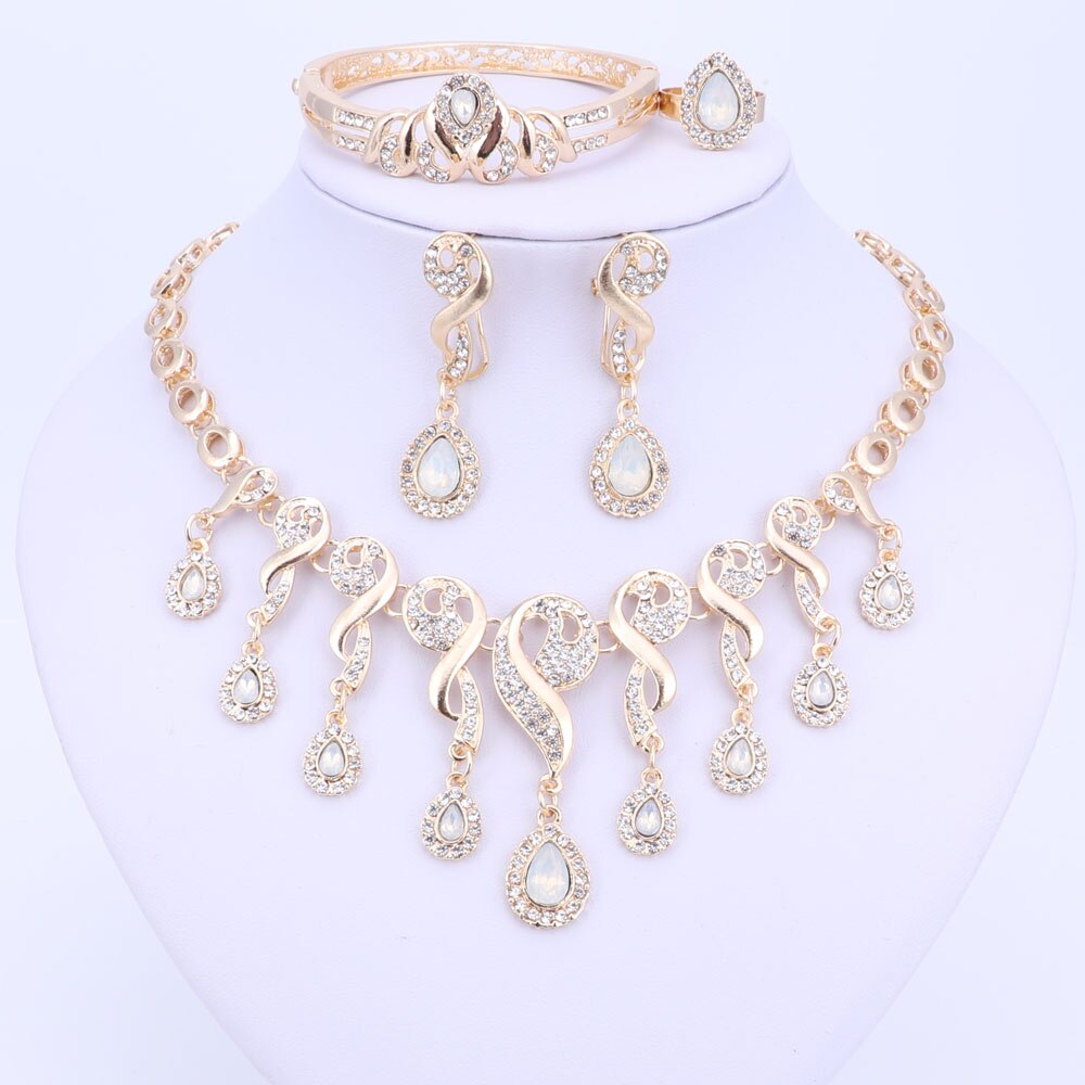 Gold Color Crystal African Beads Jewelry Sets For Women Dress Accessories Wedding Bridal Necklace Earrings Bracelet Ring Sets