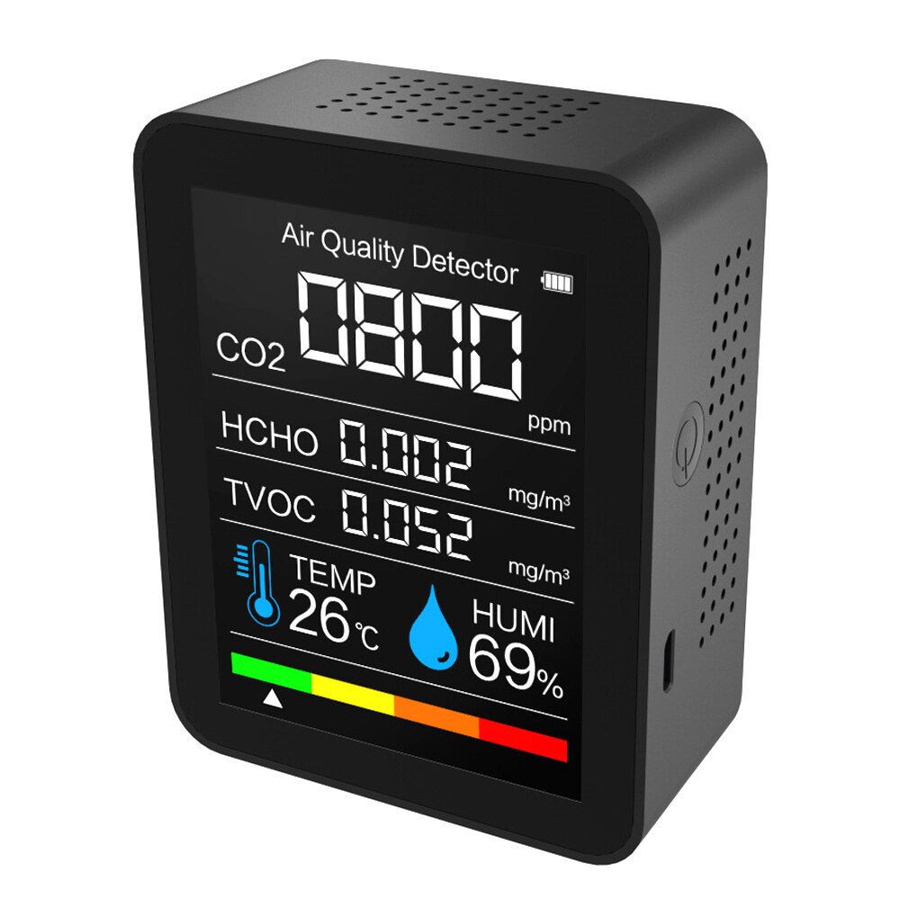 Medidor Digital de CO2 5 en 1, termómetro de temperatura HCHO TVOC, monitor Dector de CO2, Monitor de del aire, herramientas para el hogar: Black