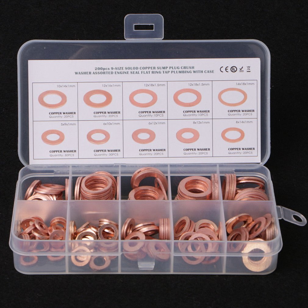 200Pcs Copper Washer Gasket Nut and Bolt Set Flat Ring Seal Assortment Kit With Box M5/M6/M8/M10/M12/M14 for Sump Plugs Water