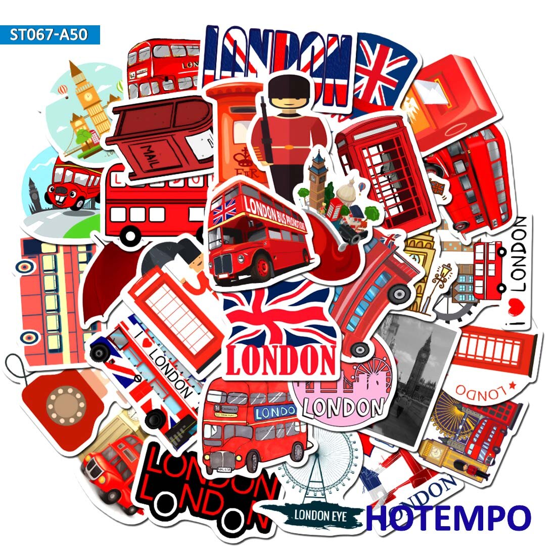 50pcs London Red Bus Telephone Booth Style Stickers for DIY Mobile Phone Laptop Luggage Suitcase Skateboard Fixed Gear PVC Decal