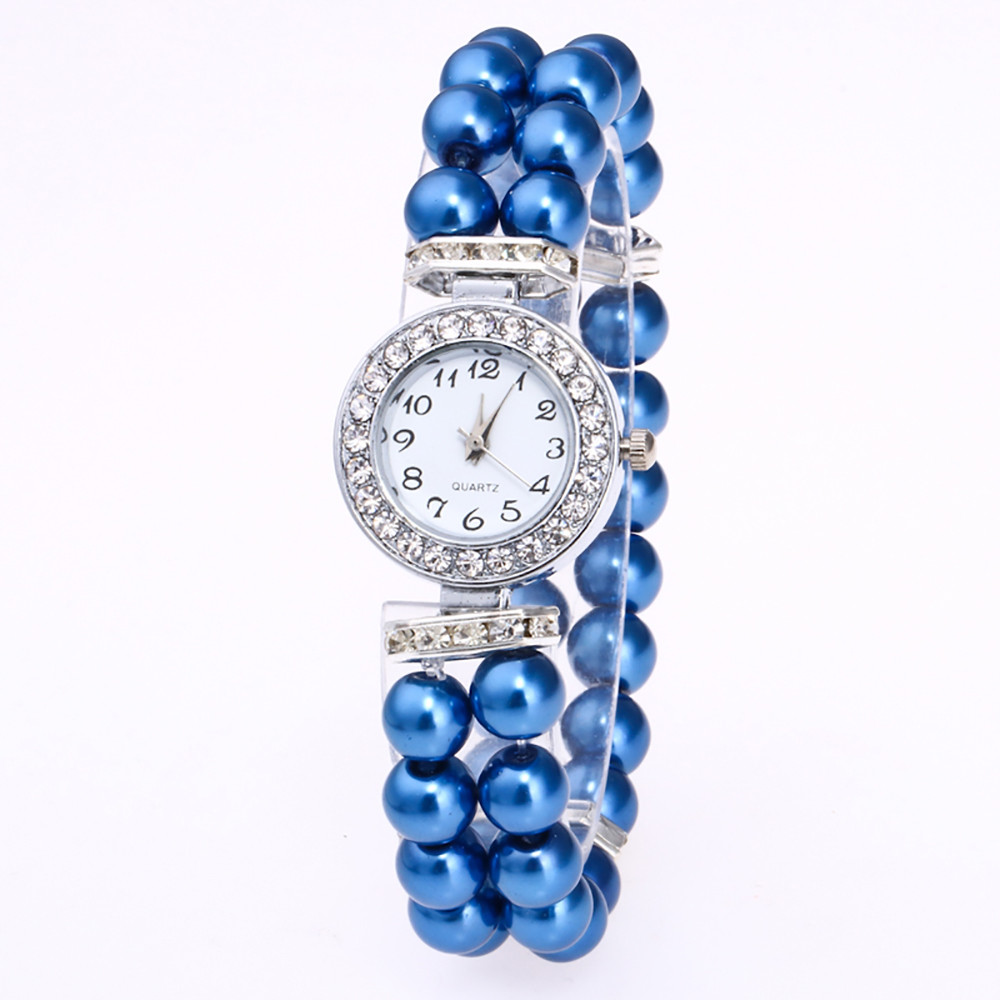 Dameshorloge met imitatieparelband, strass, kleine wijzerplaat, armbandhorloge, quartz polshorloge, relogio feminino klok: Blauw