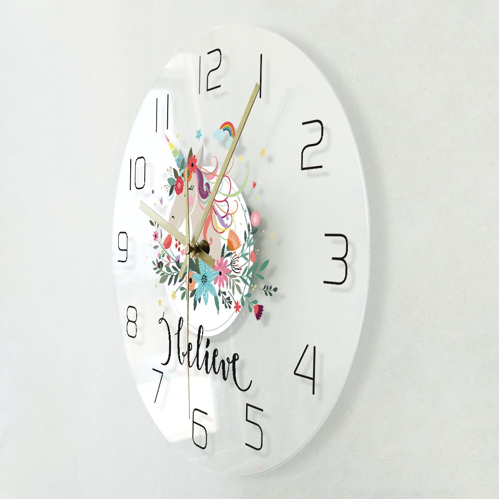 Unicorn With Flower Transparent 3D Wall Clock Modern LED Glow Wall Clocks Wall Watches Dial Vision Decorative Wall Clock
