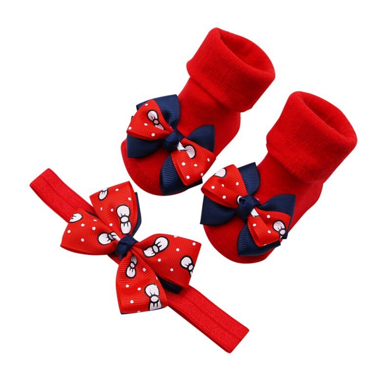 Chaussettes en coton antidérapantes pour bébés filles, 0-1T, ensemble de chaussettes mignonnes pour bébés filles, à Double couche avec nœud, avec bandeau pour cheveux: B