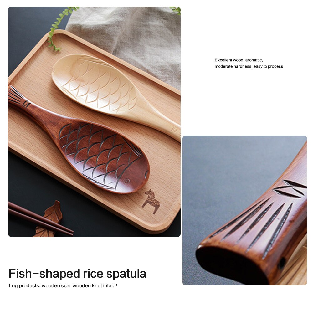 Pala de madera creativa forma de pescado cuchara de arroz utensilios de cocina para sopa de arroz antiadherente cuchara de cocina estilo japonés