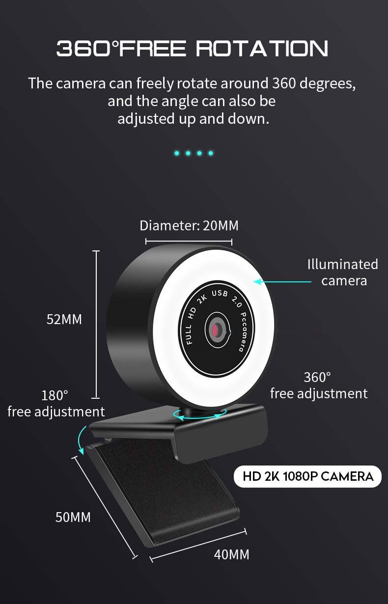 Webcam Fixed Focus 2K HD 1080P USB Web Camera with Microphone Light for PC Twitch Skype OBS Steam LED Light Camera For PC Laptop