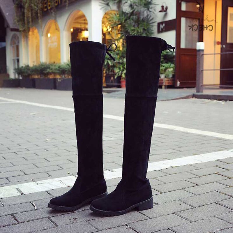 Koovan botas de mujer otoño e invierno nuevas botas de tacón grueso sobre la rodilla señoras Negro bajo plano talón Stovepipe Botas Largas