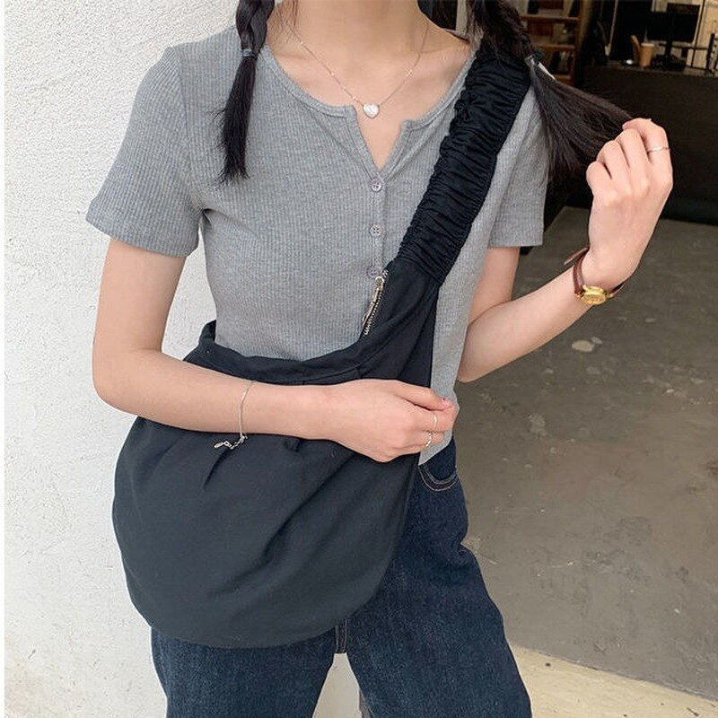 Segeltuch-schultertaschen für damen, studentinnen, crossbody-taschen, lässig, geräumig, schlicht, einfarbig, plissiert, stylisch, harajuku-schick