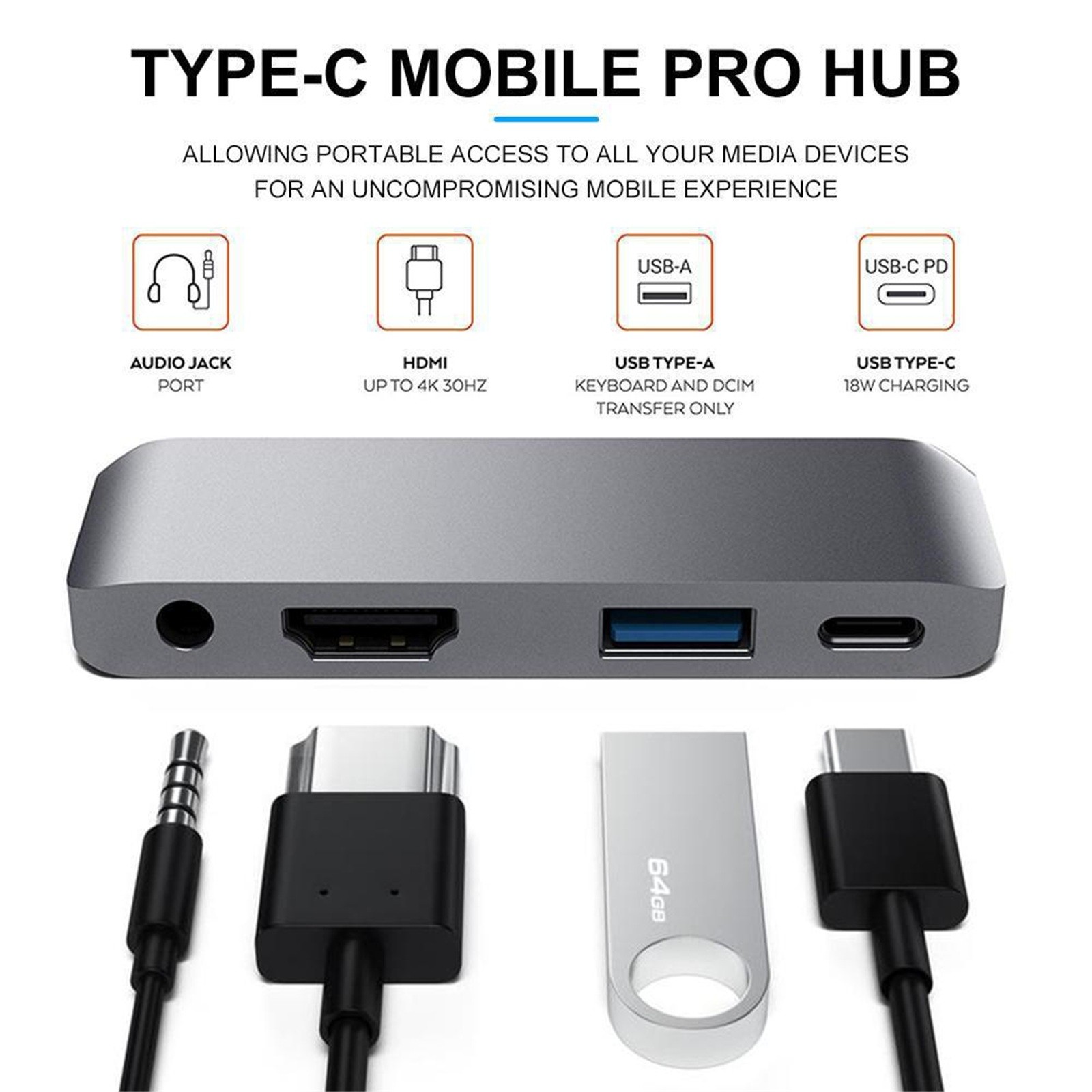 RAYROW USB Type-C Mobile Pro Hub Adapter For iPad Pro iPad Air 4, 6 in 1 3.5mm Headphone Jack HDMI-compatible Charging