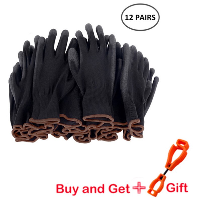 12-24 par manliga och kvinnliga nylonhandskar pu bästa arbetshandskar svarta nylon säkerhetsmaskiner arbetshandskar: L storlek 12 par